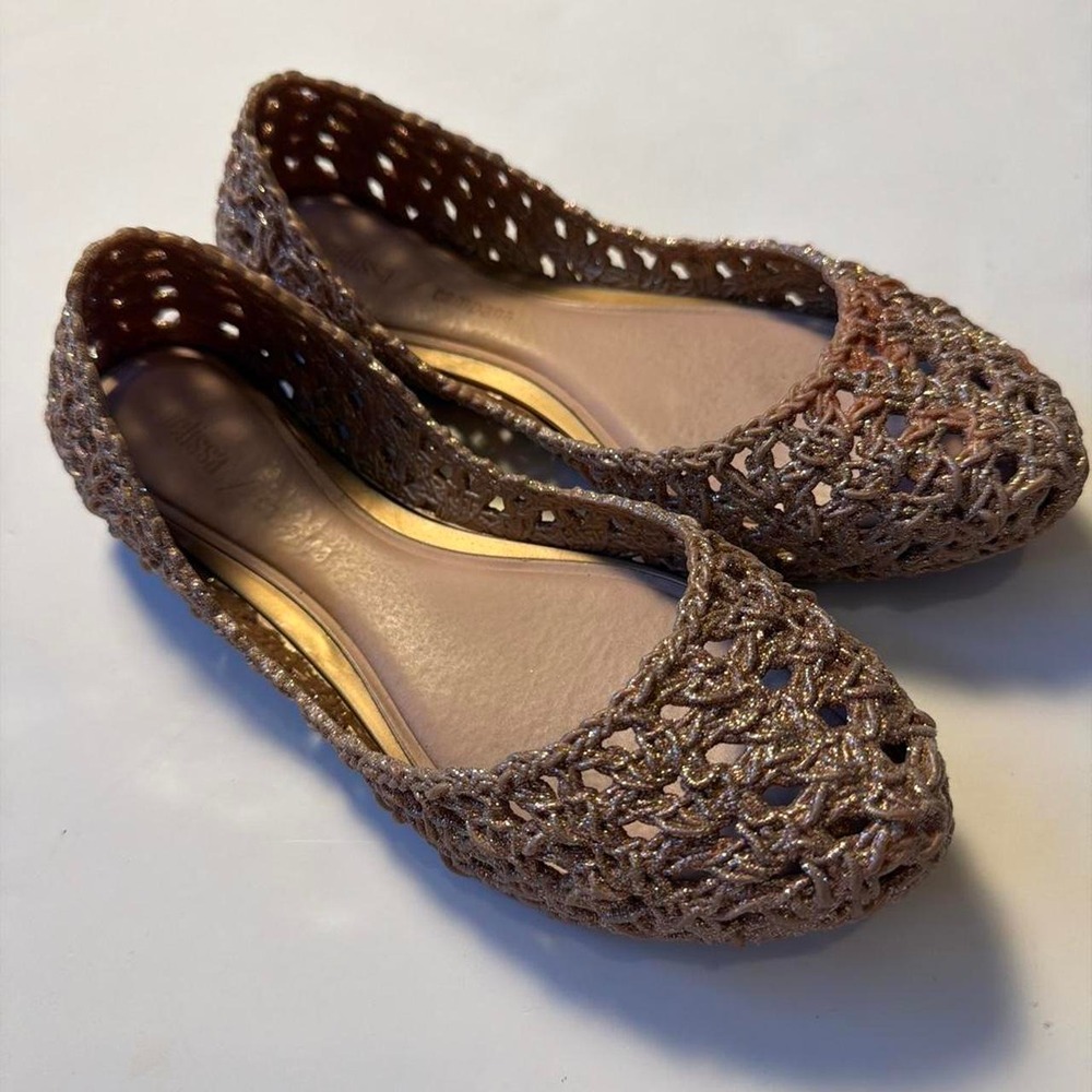 Melissa x Campana Pink Glitter Crochet Ballet Flats Size 5 Sparkly Woven Shoes